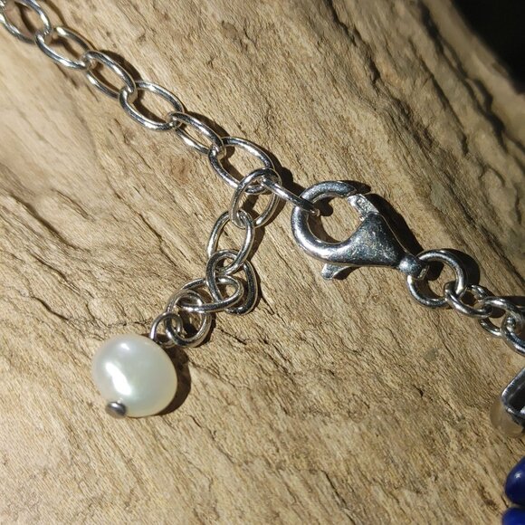 Necklace Multi Strand Lapis Lazuli Freshwater Pearl 925 Stamped Lobster Clasp - Picture 2 of 9